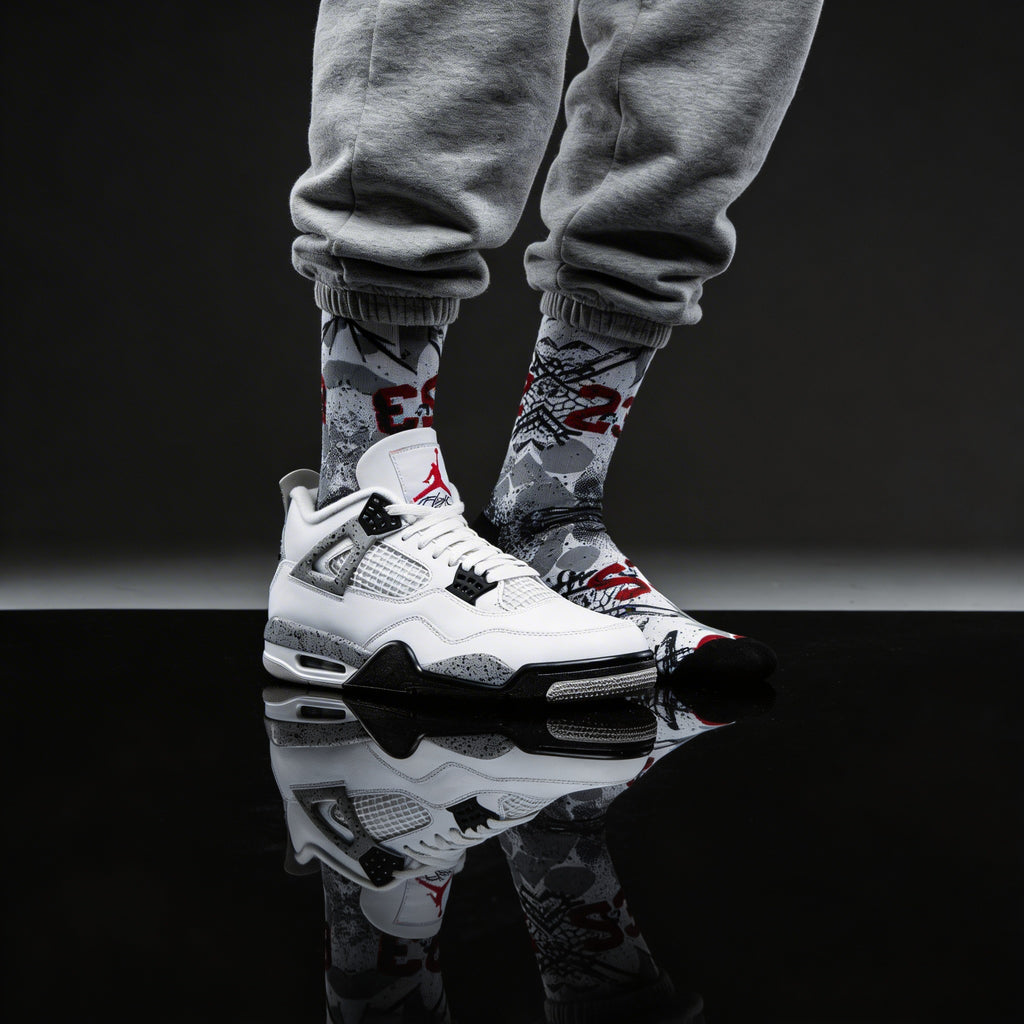 Jordan 4 Retro White Cement Matching Crew Socks | Concrete Grey Basketball Streetwear