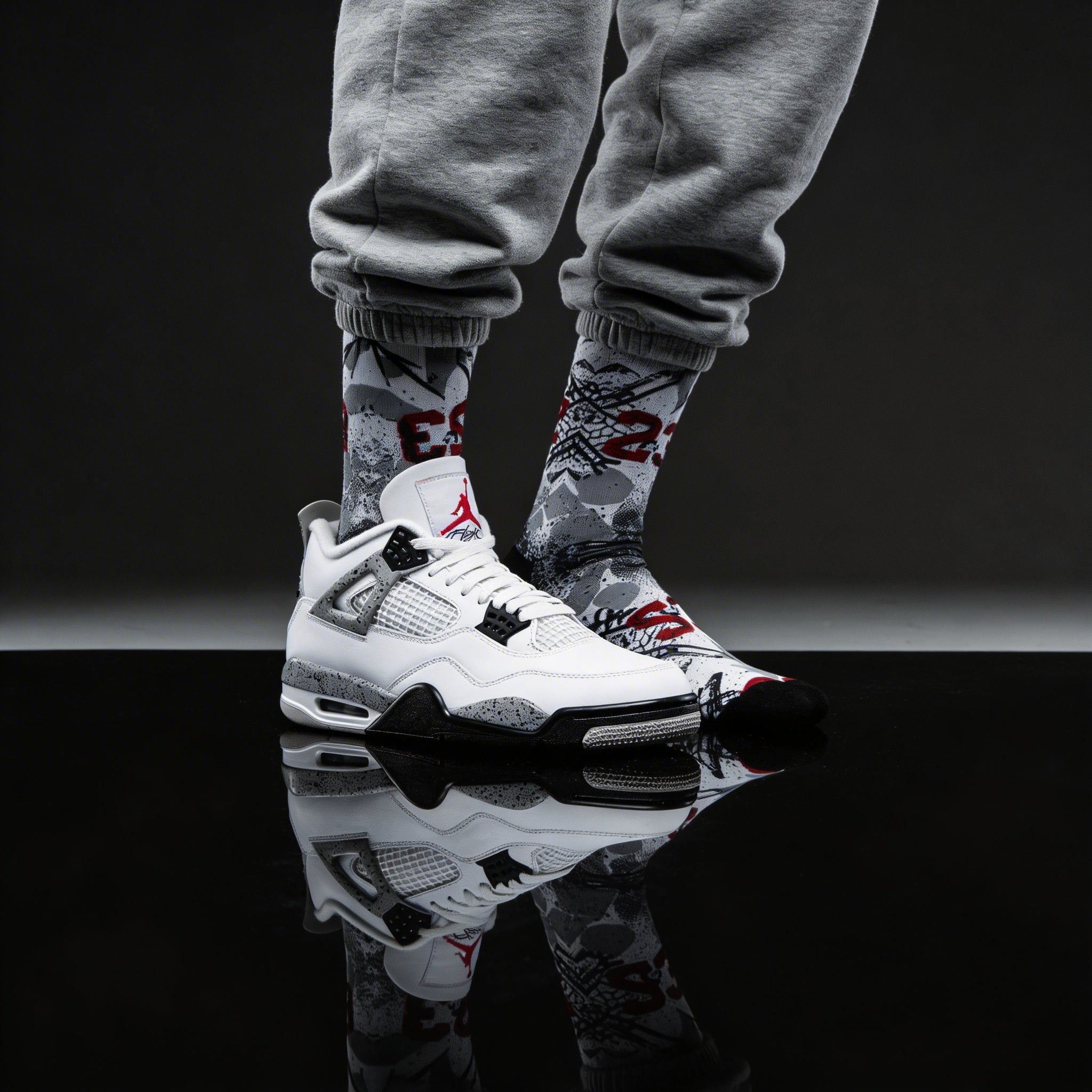 Jordan 4 Retro White Cement Matching Crew Socks | Concrete Grey Basketball Streetwear