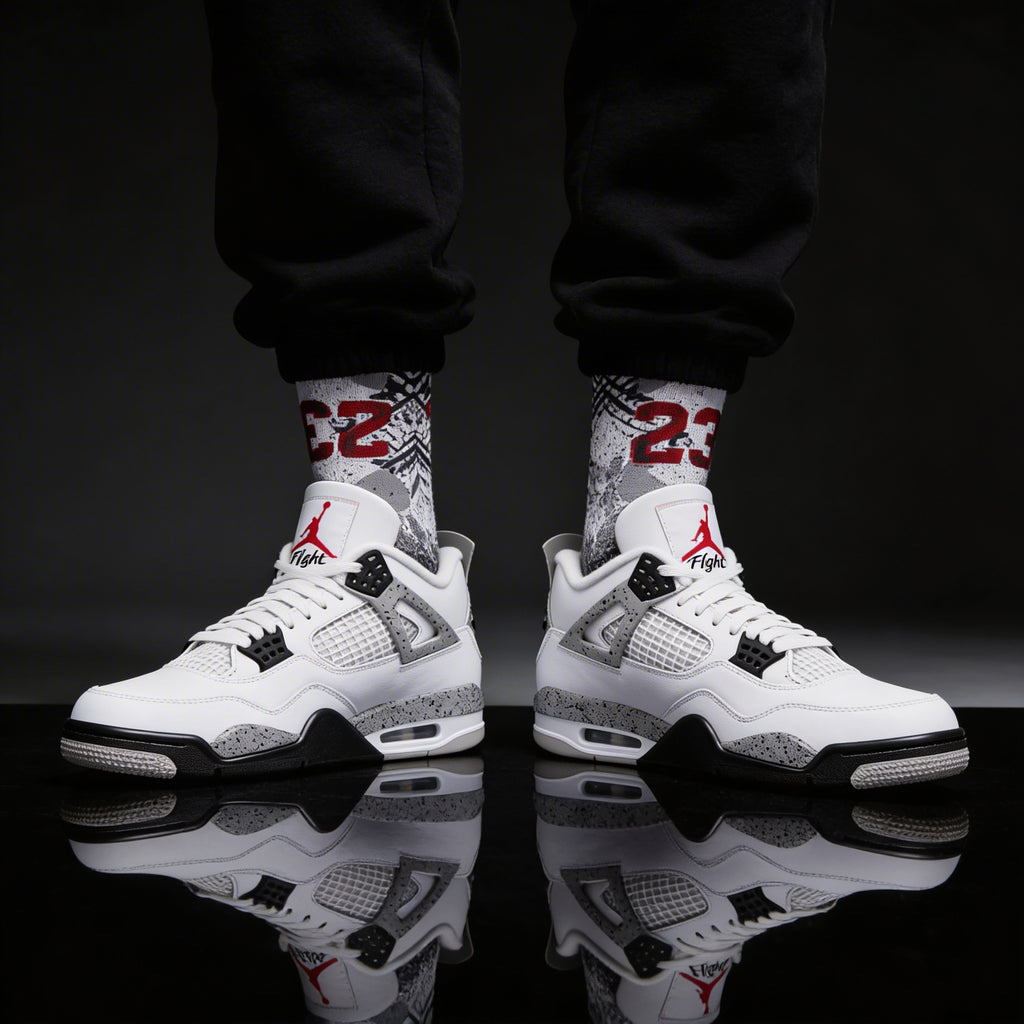 Jordan 4 Retro White Cement Matching Crew Socks | Concrete Grey Basketball Streetwear