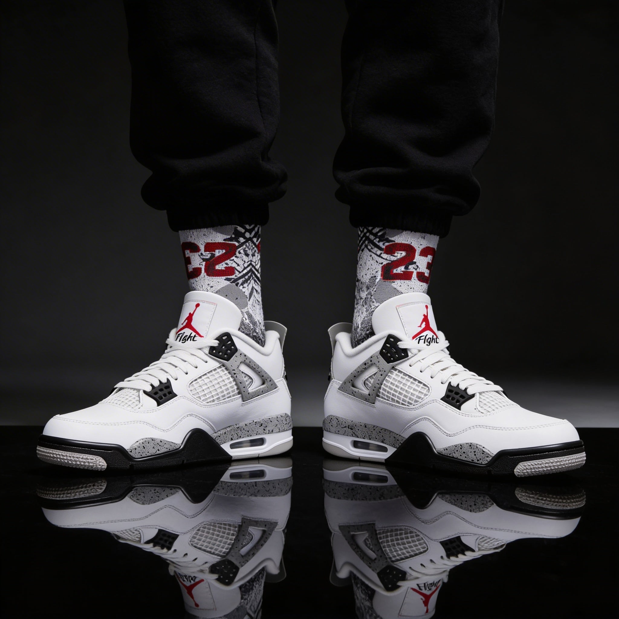 Jordan 4 Retro White Cement Matching Crew Socks | Concrete Grey Basketball Streetwear