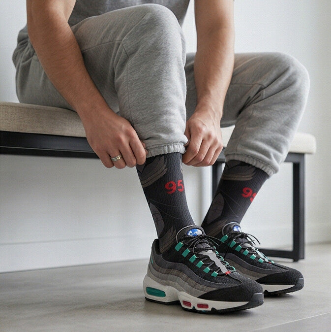 Nike Air Max 95 Greedy/What The Matching Crew Socks | Chaotic Collector Streetwear Mashup