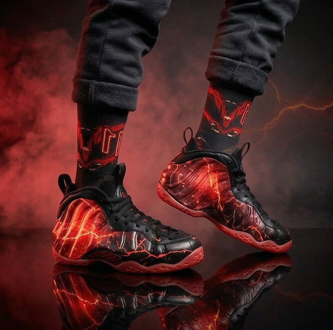 Stranger Things Nike Air Foamposite One Premium Black Bright Crimson Matching Crew Socks | Streetwear