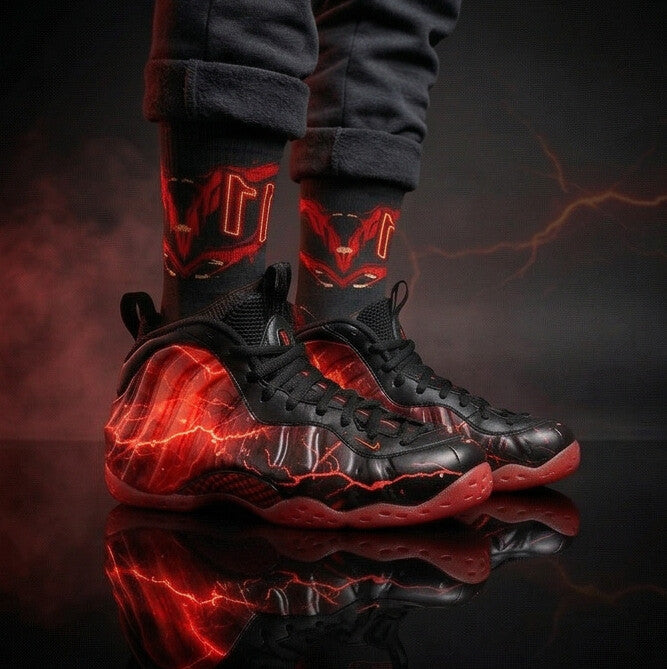 Stranger Things Nike Air Foamposite One Premium Black Bright Crimson Matching Crew Socks | Streetwear
