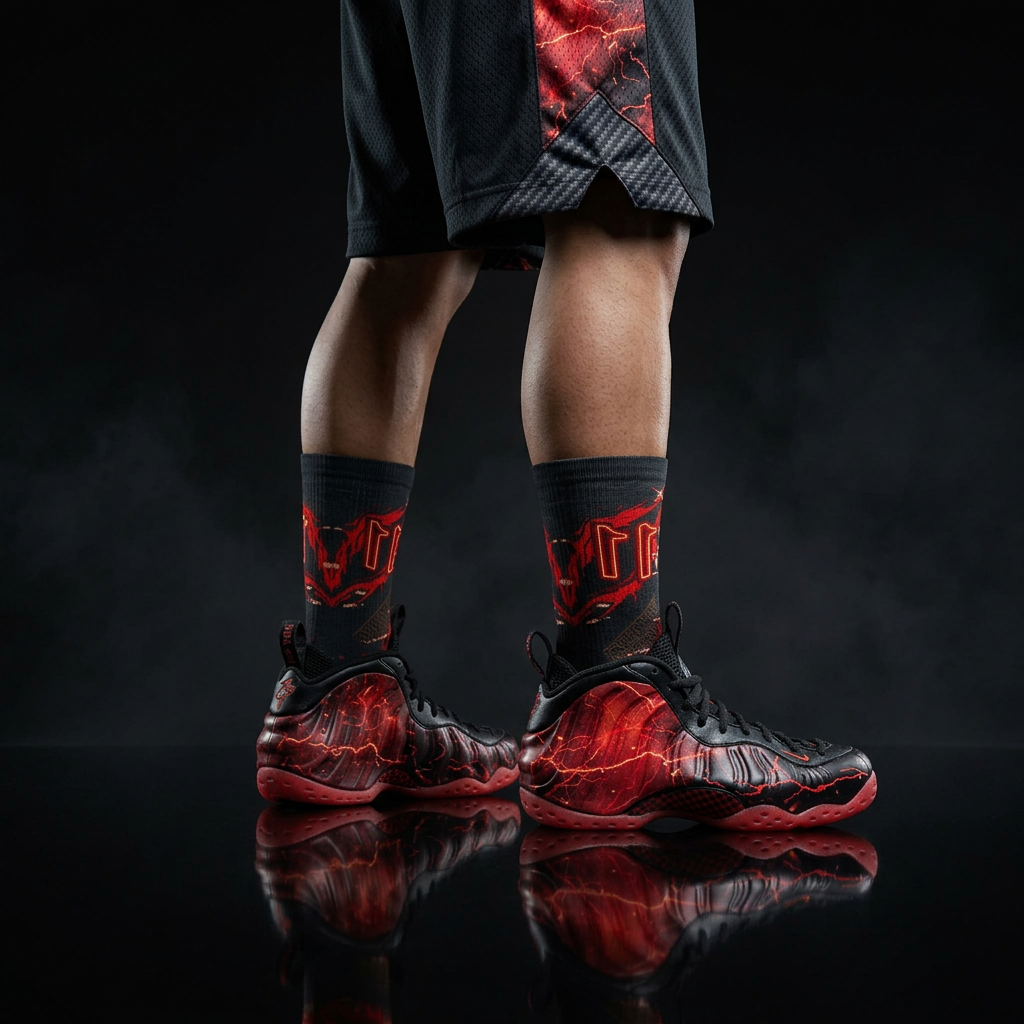 Stranger Things Nike Air Foamposite One Premium Black Bright Crimson Matching Crew Socks | Streetwear