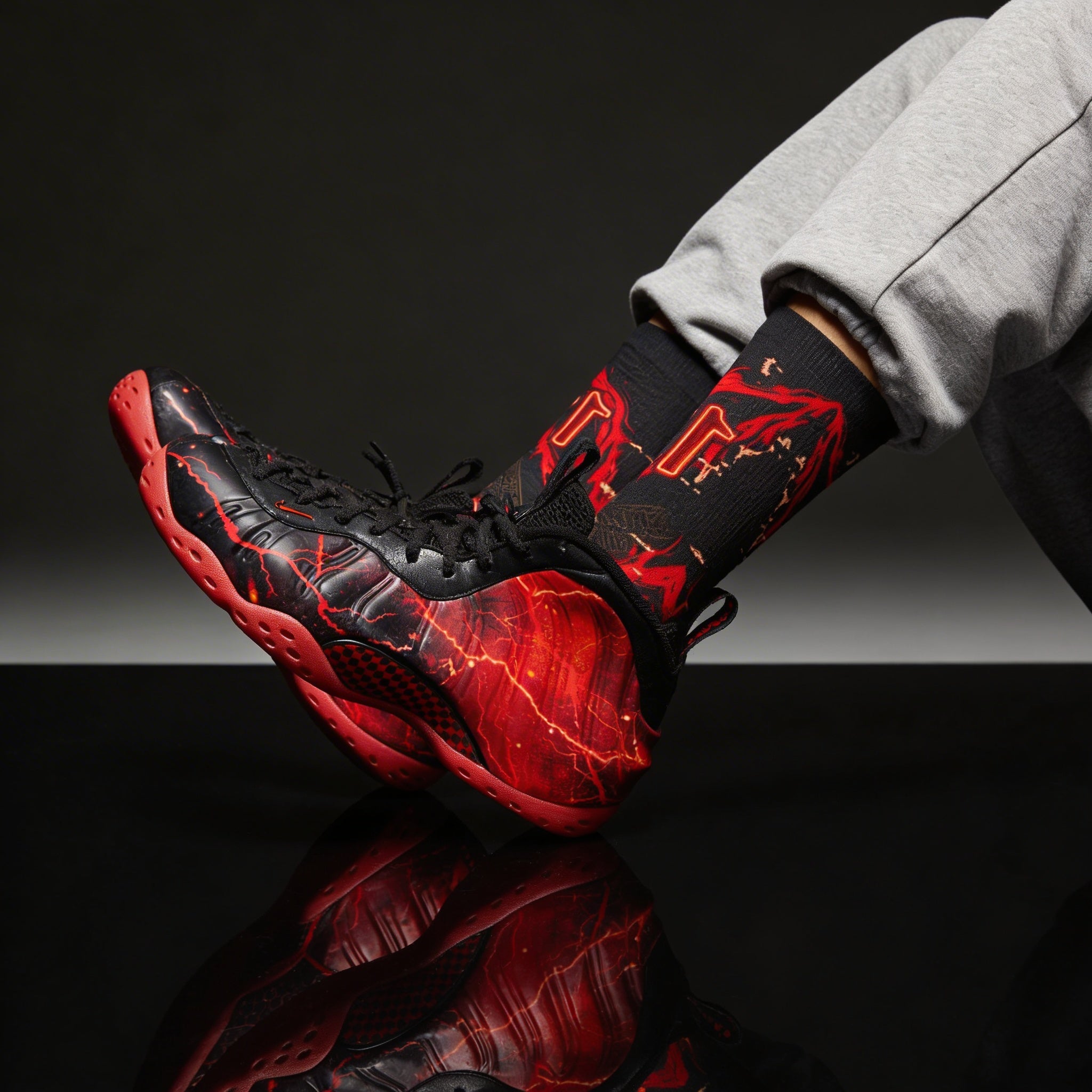Stranger Things Nike Air Foamposite One Premium Black Bright Crimson Matching Crew Socks | Streetwear