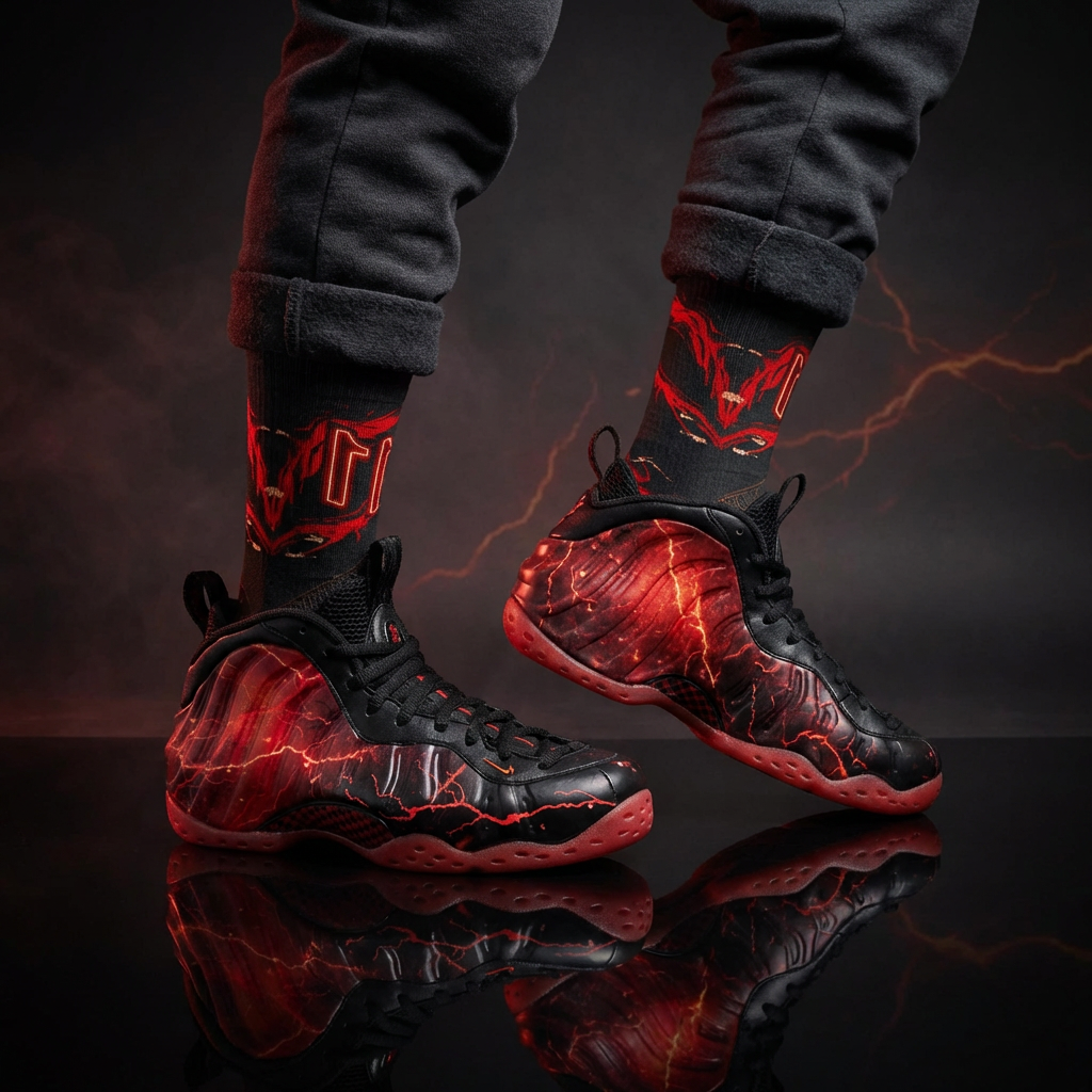 Stranger Things Nike Air Foamposite One Premium Black Bright Crimson Matching Crew Socks | Streetwear