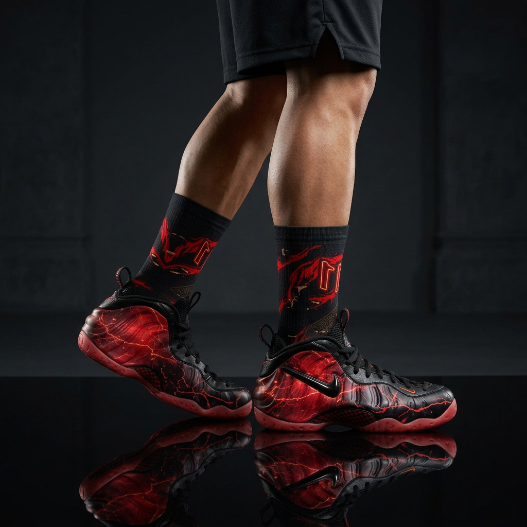 Stranger Things Nike Air Foamposite One Premium Black Bright Crimson Matching Crew Socks | Streetwear