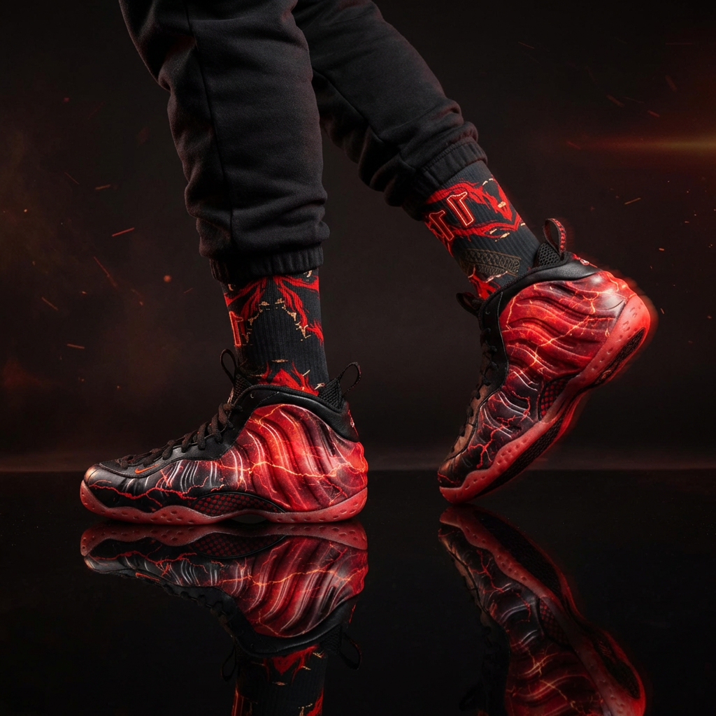 Stranger Things Nike Air Foamposite One Premium Black Bright Crimson Matching Crew Socks | Streetwear