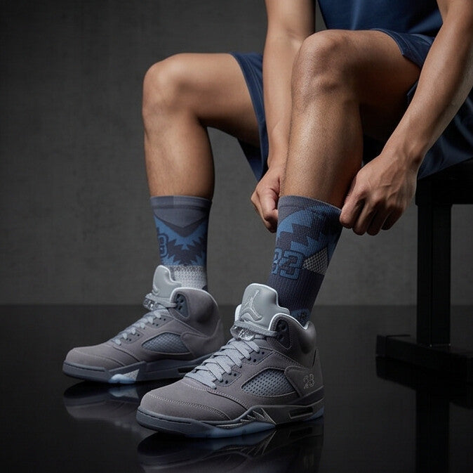 Jordan 5 Retro Wolf Grey 2026 matching Crew Socks | Basketball Shark Teeth Pattern