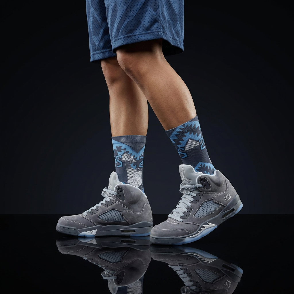 Jordan 5 Retro Wolf Grey 2026 matching Crew Socks | Basketball Shark Teeth Pattern
