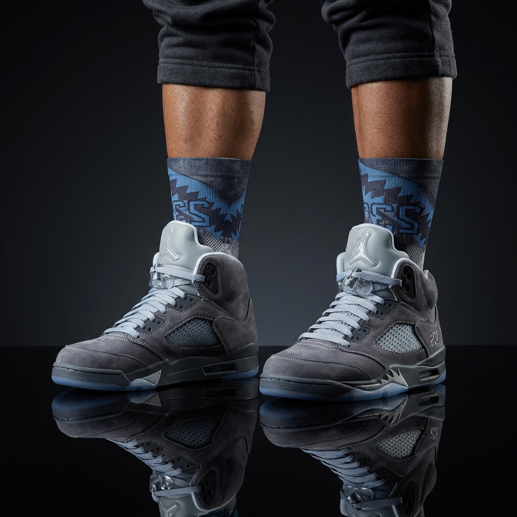 Jordan 5 Retro Wolf Grey 2026 matching Crew Socks | Basketball Shark Teeth Pattern