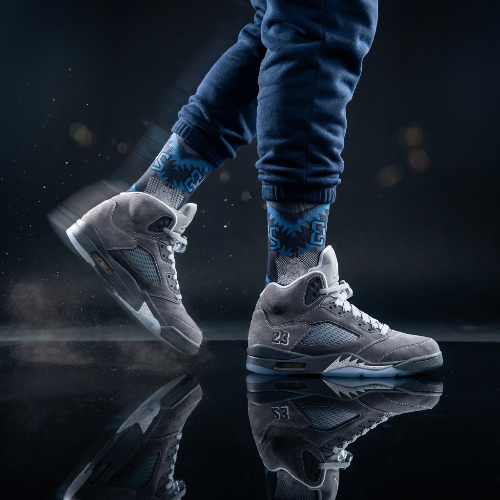 Jordan 5 Retro Wolf Grey 2026 matching Crew Socks | Basketball Shark Teeth Pattern