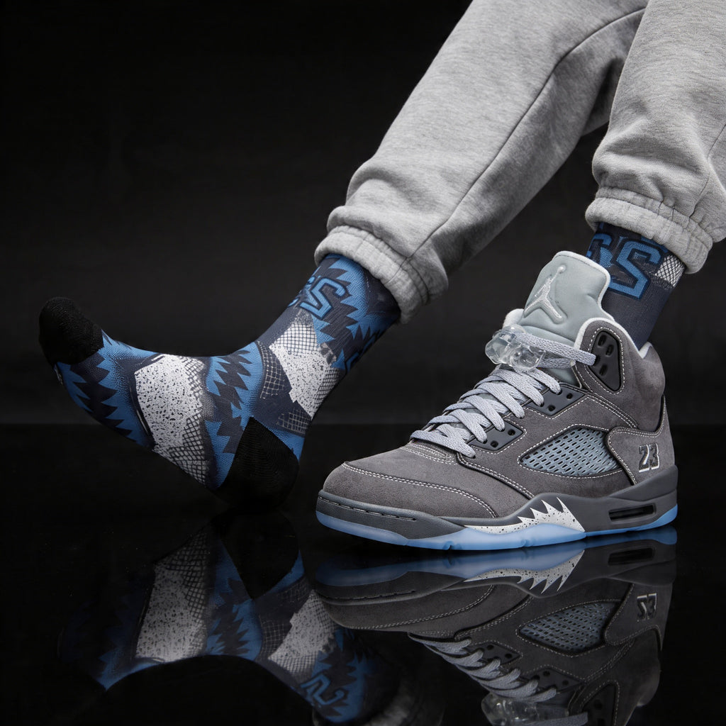 Jordan 5 Retro Wolf Grey 2026 matching Crew Socks | Basketball Shark Teeth Pattern