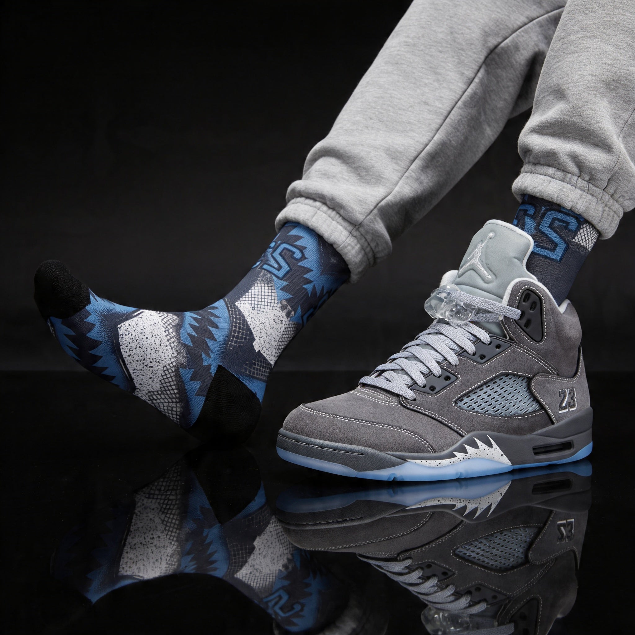 Jordan 5 Retro Wolf Grey 2026 matching Crew Socks | Basketball Shark Teeth Pattern