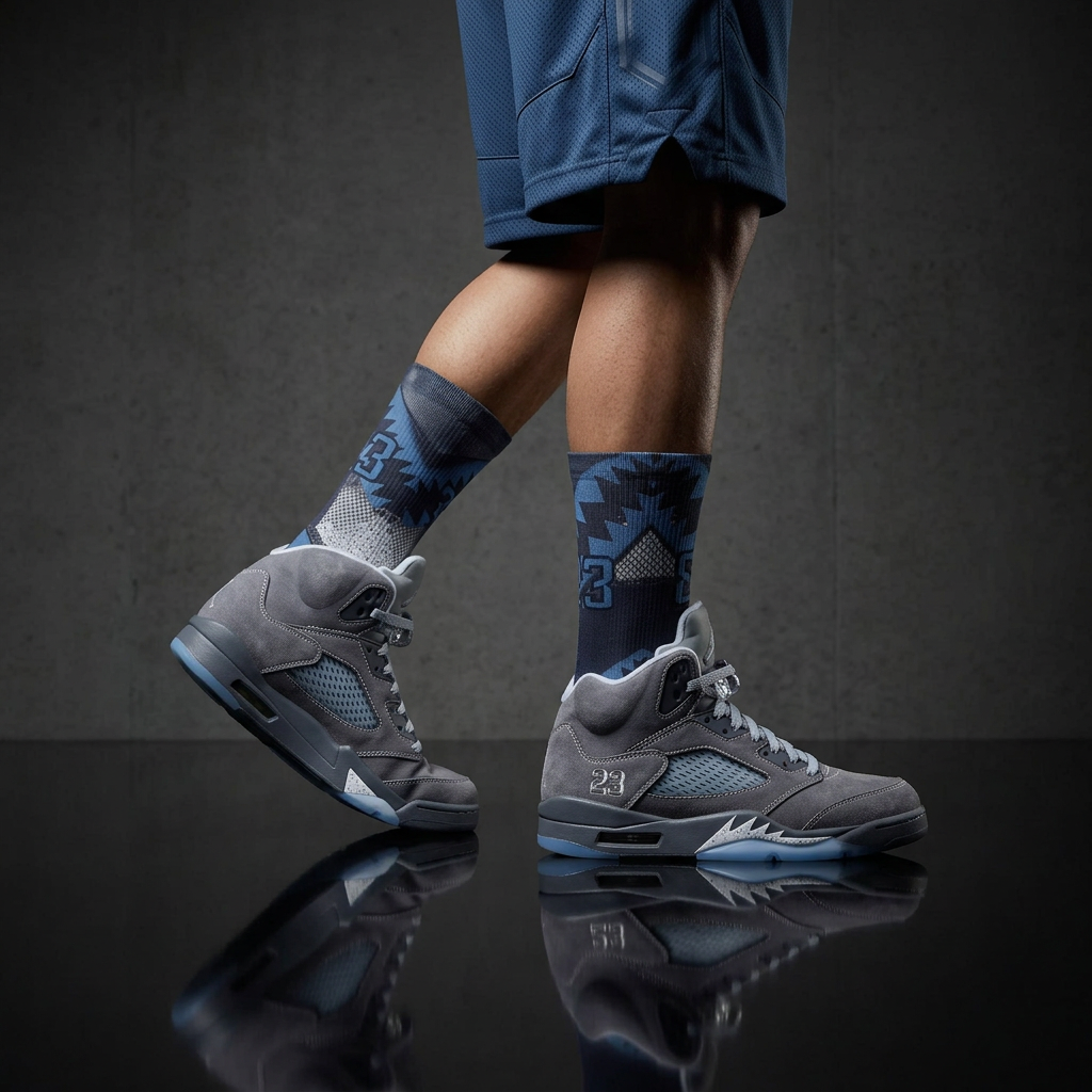 Jordan 5 Retro Wolf Grey 2026 matching Crew Socks | Basketball Shark Teeth Pattern