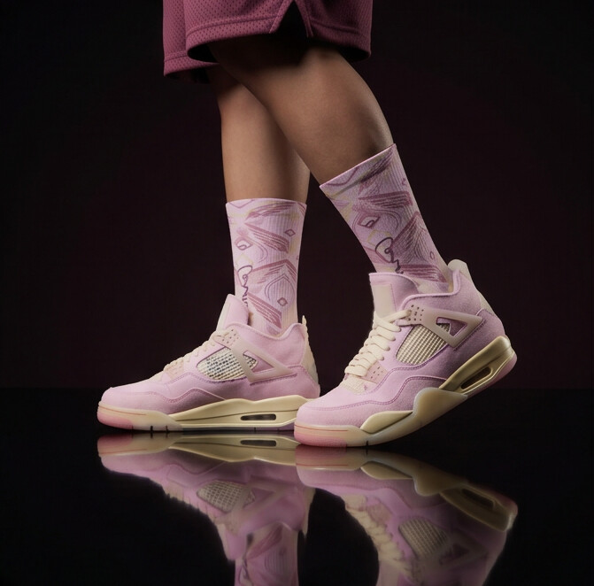 Wmns Jordan 4 Retro Iced Carmine matching Crew Socks | Pink Wing Fragment Streetwear