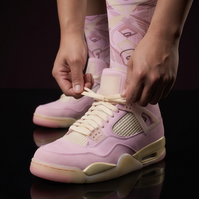 Wmns Jordan 4 Retro Iced Carmine matching Crew Socks | Pink Wing Fragment Streetwear
