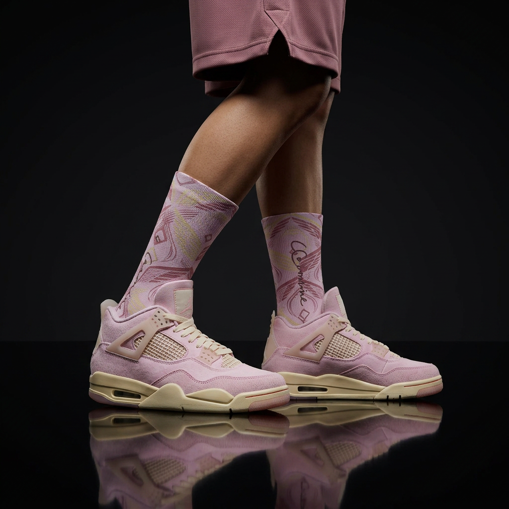 Wmns Jordan 4 Retro Iced Carmine matching Crew Socks | Pink Wing Fragment Streetwear
