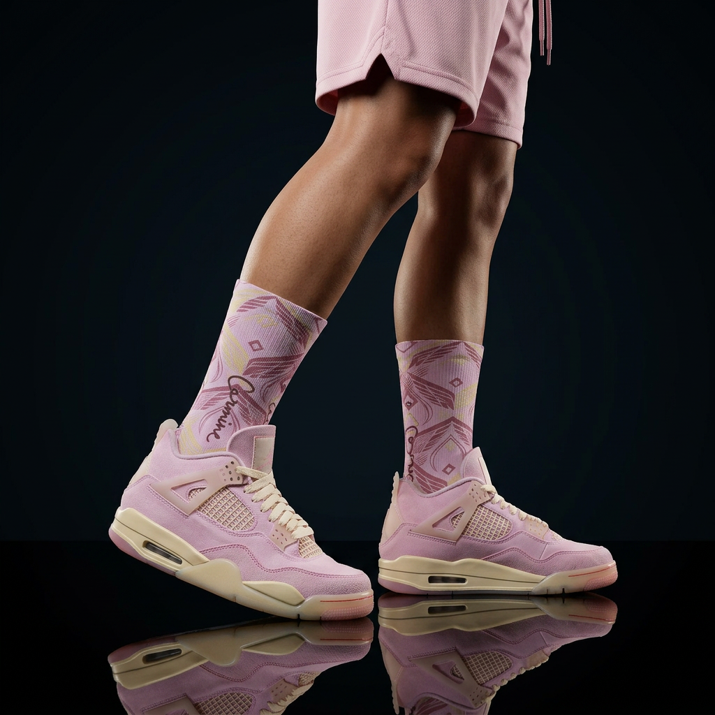 Wmns Jordan 4 Retro Iced Carmine matching Crew Socks | Pink Wing Fragment Streetwear