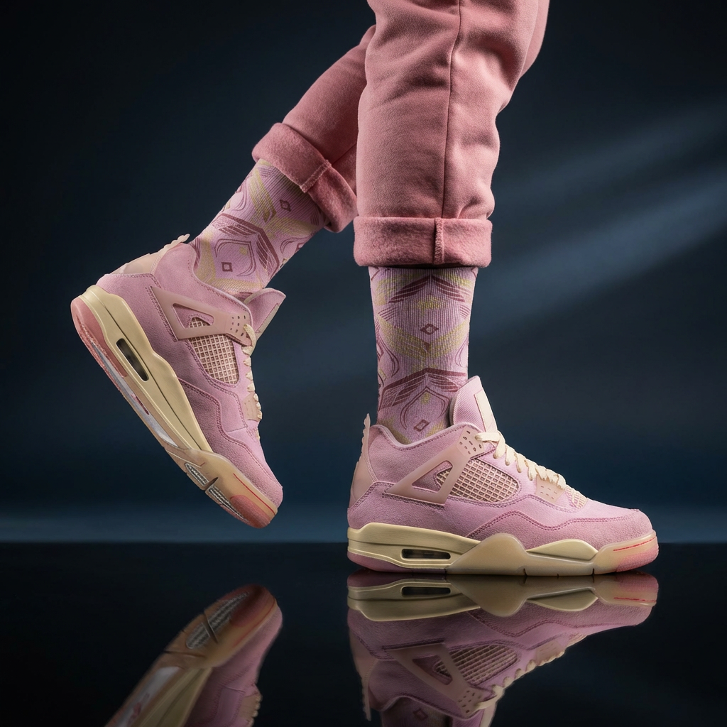 Wmns Jordan 4 Retro Iced Carmine matching Crew Socks | Pink Wing Fragment Streetwear