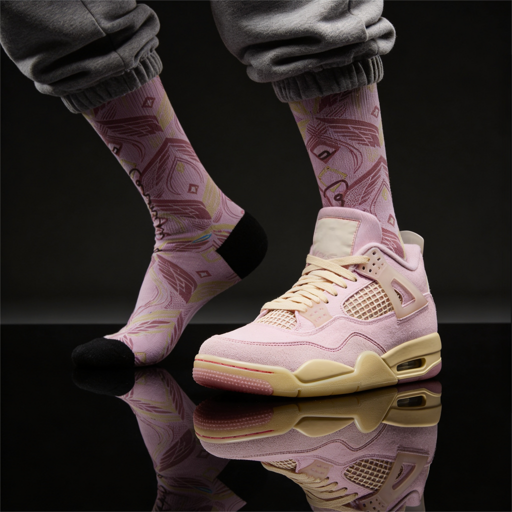Wmns Jordan 4 Retro Iced Carmine matching Crew Socks | Pink Wing Fragment Streetwear
