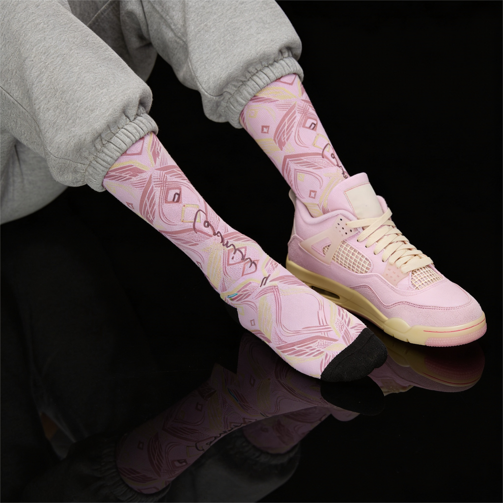 Wmns Jordan 4 Retro Iced Carmine matching Crew Socks | Pink Wing Fragment Streetwear