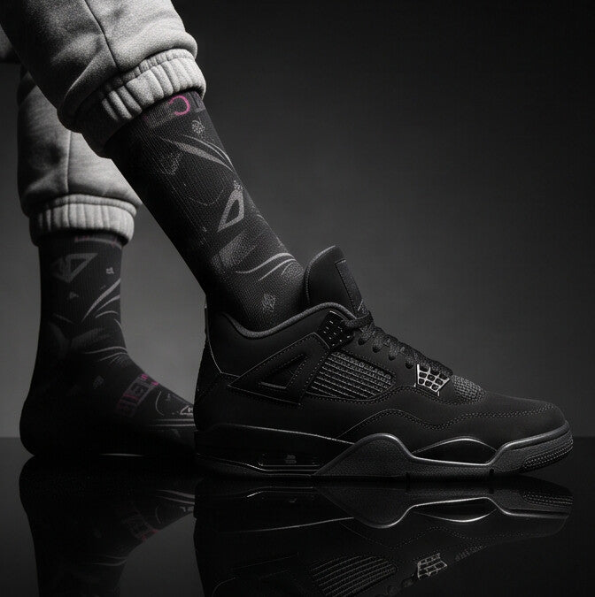 Jordan 4 Retro Black Cat matching Crew Socks | Wing Basketball Sneaker Streetwear