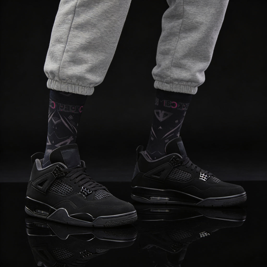 Jordan 4 Retro Black Cat matching Crew Socks | Wing Basketball Sneaker Streetwear