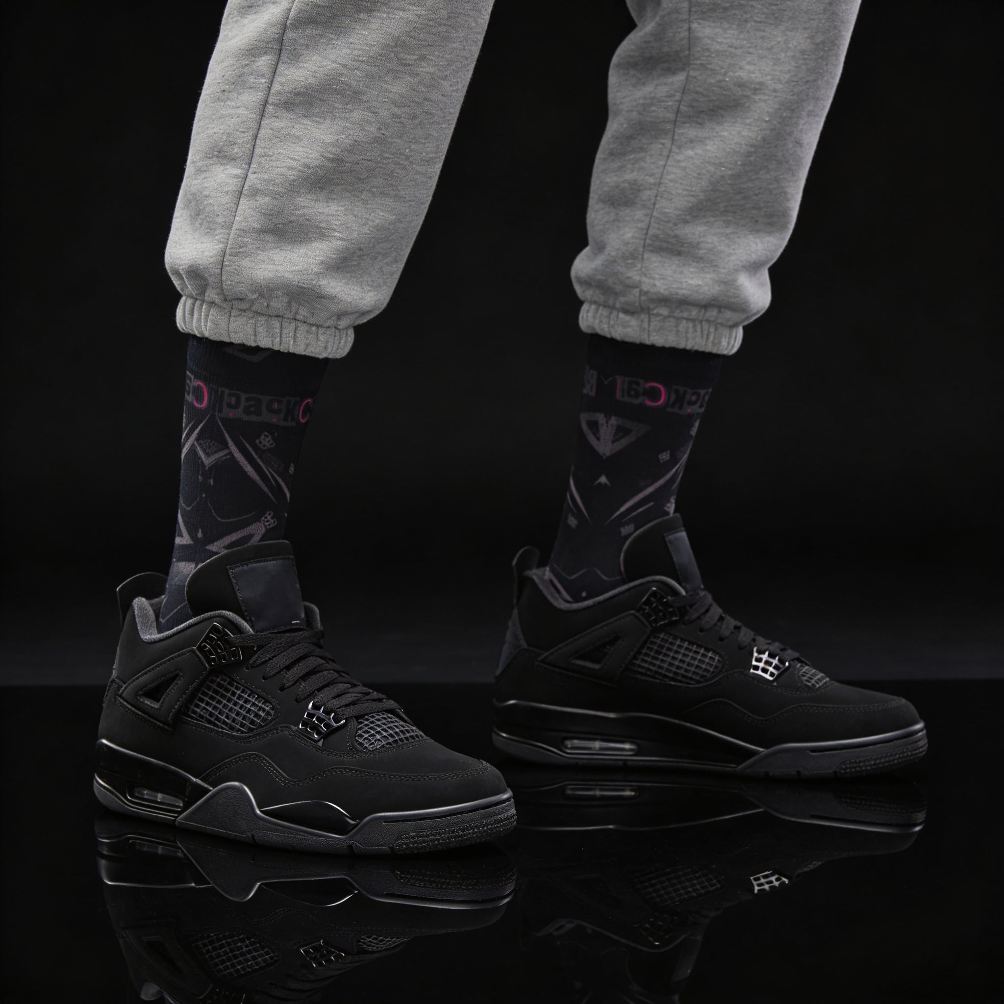 Jordan 4 Retro Black Cat matching Crew Socks | Wing Basketball Sneaker Streetwear