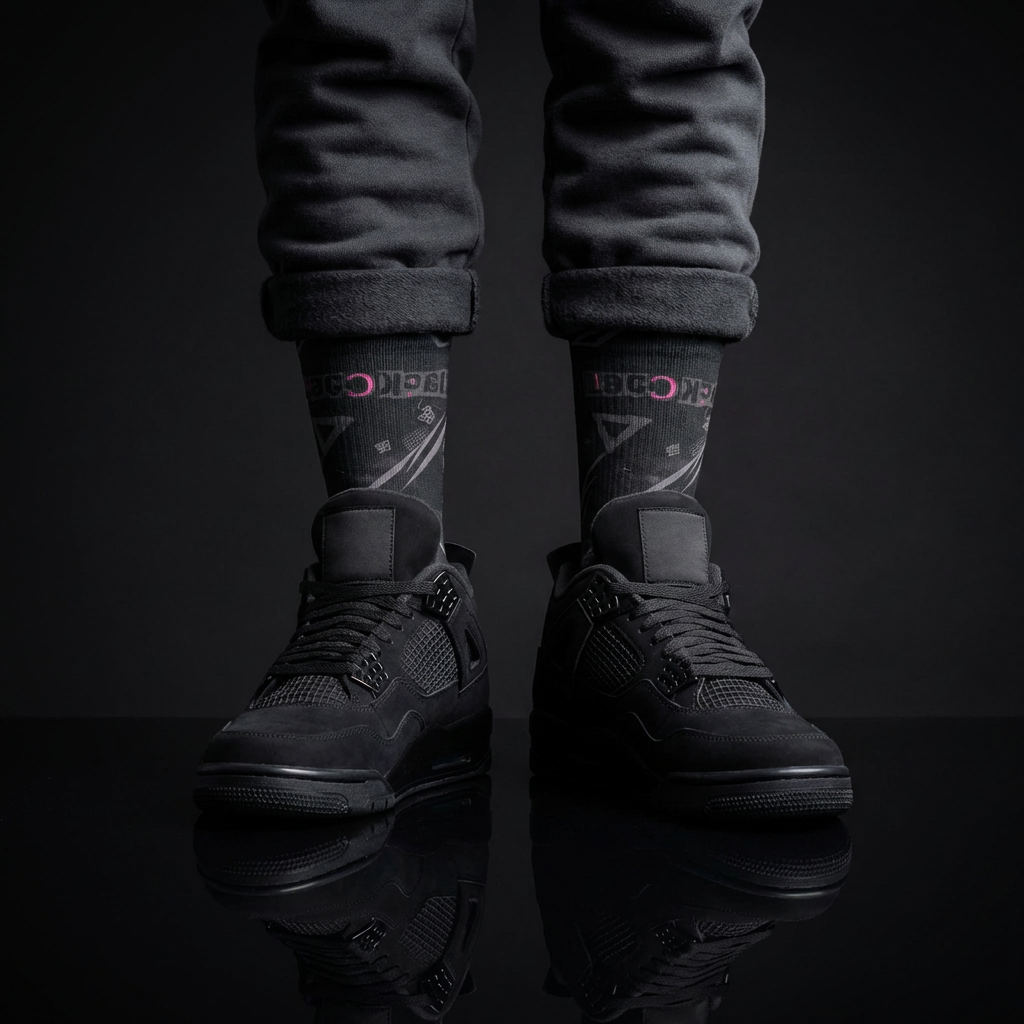 Jordan 4 Retro Black Cat matching Crew Socks | Wing Basketball Sneaker Streetwear