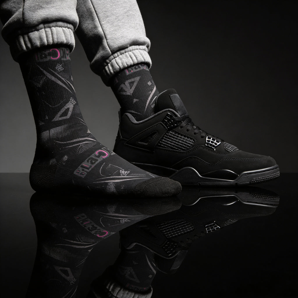 Jordan 4 Retro Black Cat matching Crew Socks | Wing Basketball Sneaker Streetwear