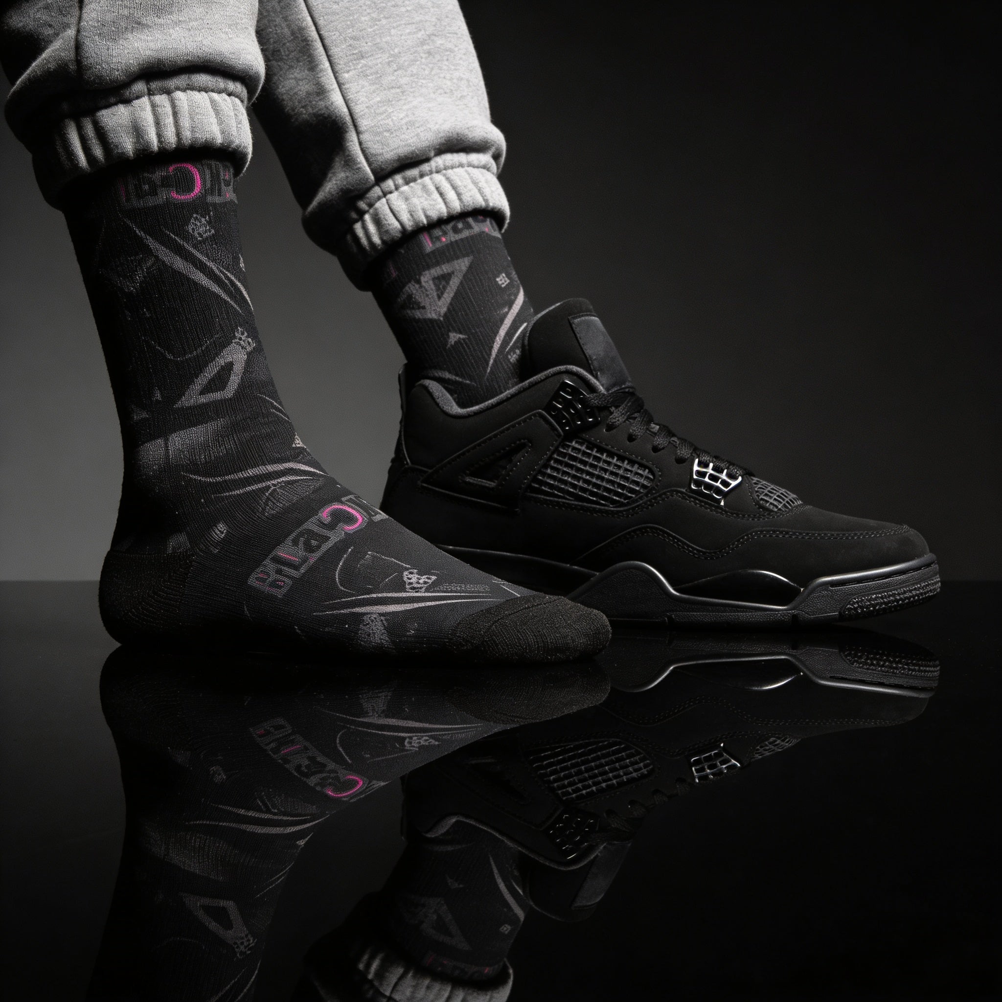 Jordan 4 Retro Black Cat matching Crew Socks | Wing Basketball Sneaker Streetwear