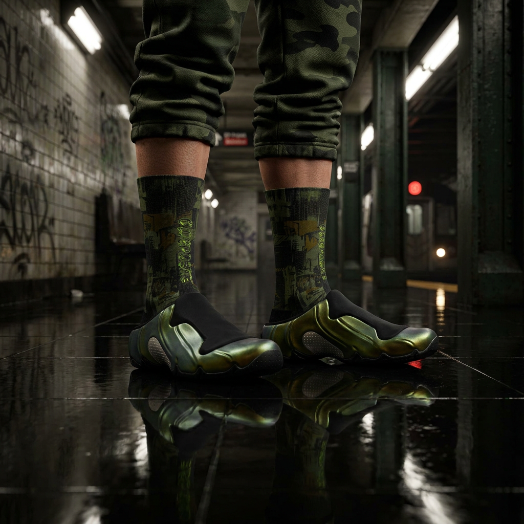 Clogposite Green Goblin matching Crew Socks | Villain Energy Basketball Sneaker Pattern Streetwear